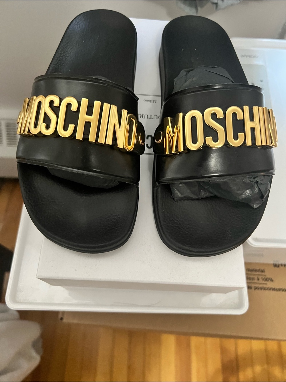 Moschino Black Slides with Gold Lettering Logo